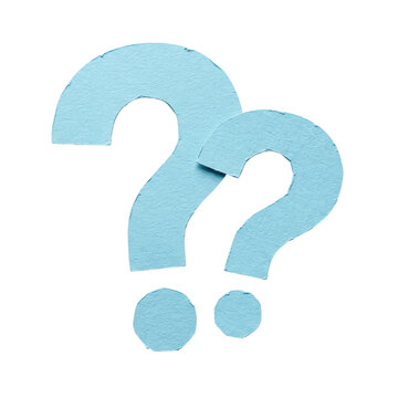 Two overlapping light blue question marks cut from paper, isolated on a solid color .