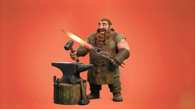 3D stylized dwarf blacksmith with a thick beard hammering a glowing metal sword on an anvil isolated on a warm red studio background. Ideal for fantasy game commercials, medieval crafting promos, blac