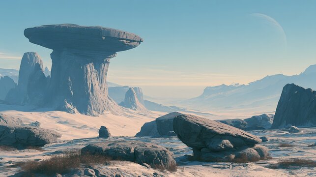 A vast alien landscape with towering rock formations under a pale blue sky. Perfect for sci-fi world-building, game environment concepts, or futuristic storytelling.