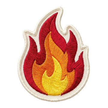 An embroidered iron-on fire patch with red, orange, and yellow thread, featuring a clean white stitched border, isolated on a white .
