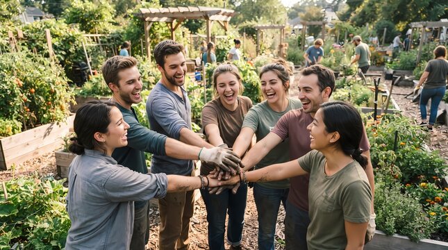 Diverse group of happy volunteers stacking hands together in community garden project to celebrate teamwork and sustainable living practices while working outdoors during a sunny day in the