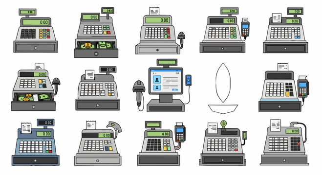 A collection of various illustrated cash registers and modern point-of-sale systems on a white background, depicting retail and.