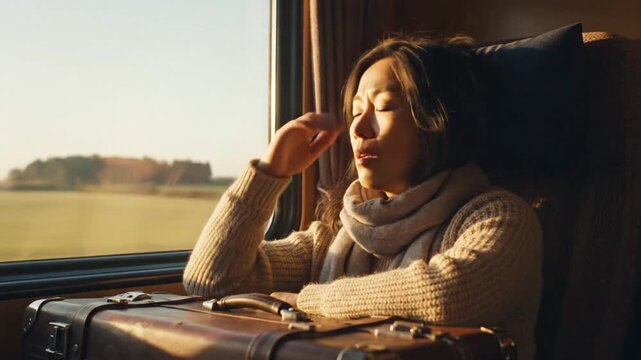 Young woman on train sits beside suitcase, looking outside with tired expression in warm cinematic light. Woman in scarf and knit sweater leans back, then touches forehead during quiet journey.