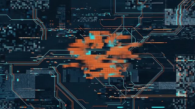 Digital glitch effects with pixelated data fragments and circuit board elements