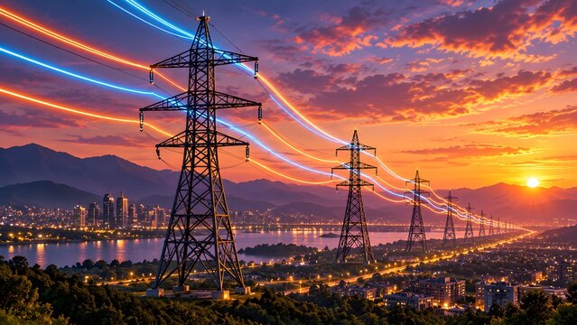 Smart grid power lines with glowing neon energy transmission over city skyline at sunset