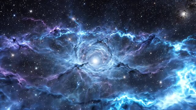 Glowing blue nebula in deep space with swirling cosmic dust and bright star cluster