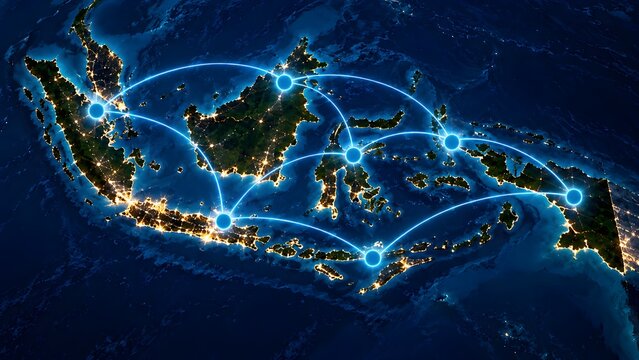 Glowing digital network arcs connecting islands of Indonesia at night representing national telecommunication infrastructure and global internet data routing