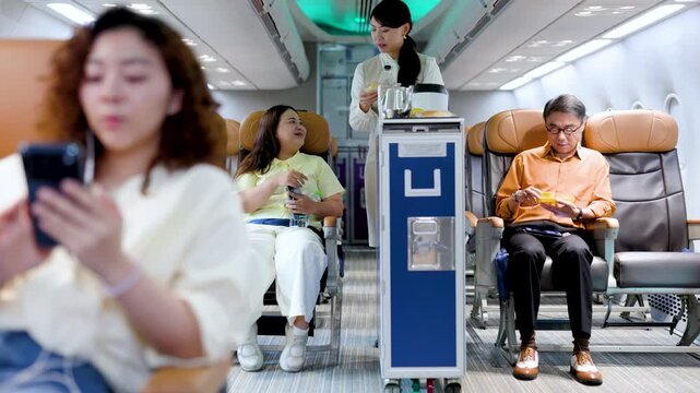 Flight attendant serving drinks from a trolley in an airplane cabin as passengers sit and use smartphones; economy seating and aisle view create a realistic inflight travel scene.