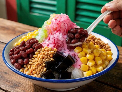 Malaysian ais kacang dessert with shaved ice, sweet red beans, corn, peanuts, and grass jelly. Vibrant colors and refreshing ingredients make this icy treat a popular summer snack.