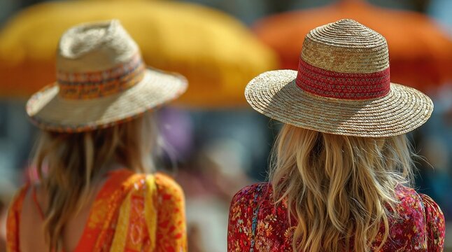 Two women in straw hats and colorful summer dresses seen from behind at beach resort. Summer vacation fashion and travel concept. Boho style beachwear for holiday getaway