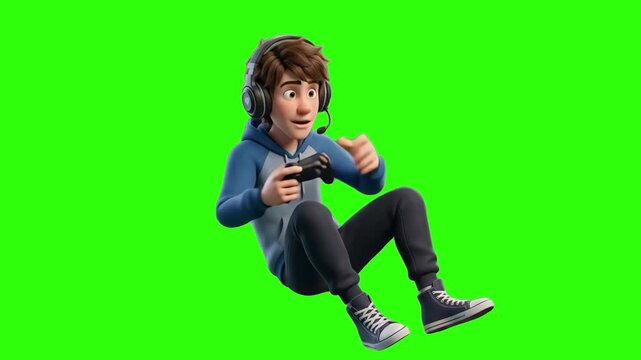 An excited 3D cartoon gamer boy wearing headphones playing video games with a gamepad controller, isolated on a chroma key green screen background. Great for gaming stream graphics, esports tournament