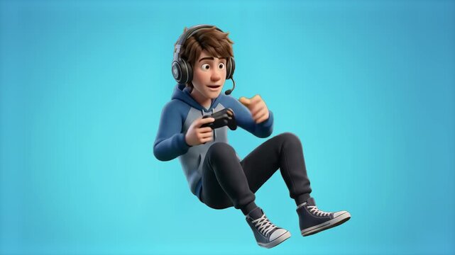 An excited 3D cartoon teenage boy wearing headphones leaning back while holding a gamepad controller to play video games, isolated on a cyan blue background. Ideal for esports promos, gaming channel i