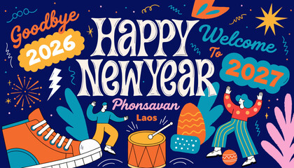 Fototapeta premium Happy New Year 2027 Greeting Card with Phonsavan Laos Text and Festive Graphics | Goodbye 2026