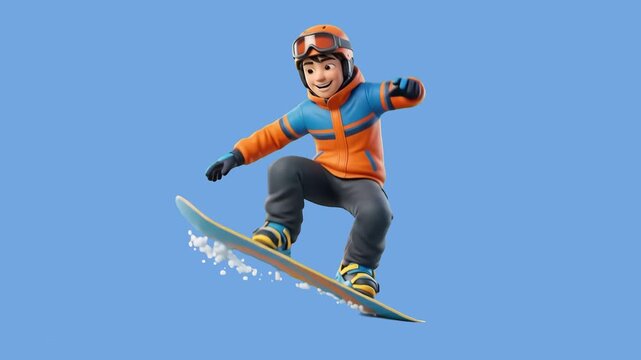 A dynamic 3D cartoon male snowboarder in full winter gear executing a jump maneuver on a snowboard with flying snow spray, isolated on a clean light blue background. Excellent for resort marketing, wi