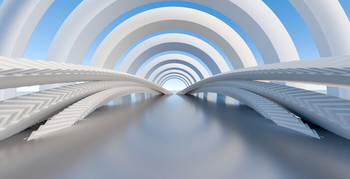Abstract futuristic architecture featuring repeating white concentric arches and geometric bridge structures vanishing into a clear blue sky background