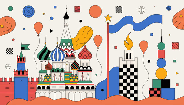 Vibrant Moscow Kremlin and St. Basil's Cathedral Celebration Illustration with Festive Elements