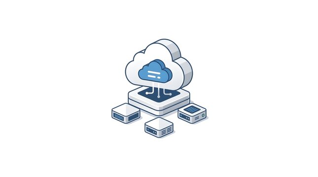 Isometric 3D illustration of cloud computing network architecture with central cloud symbol connected to server racks and data storage devices