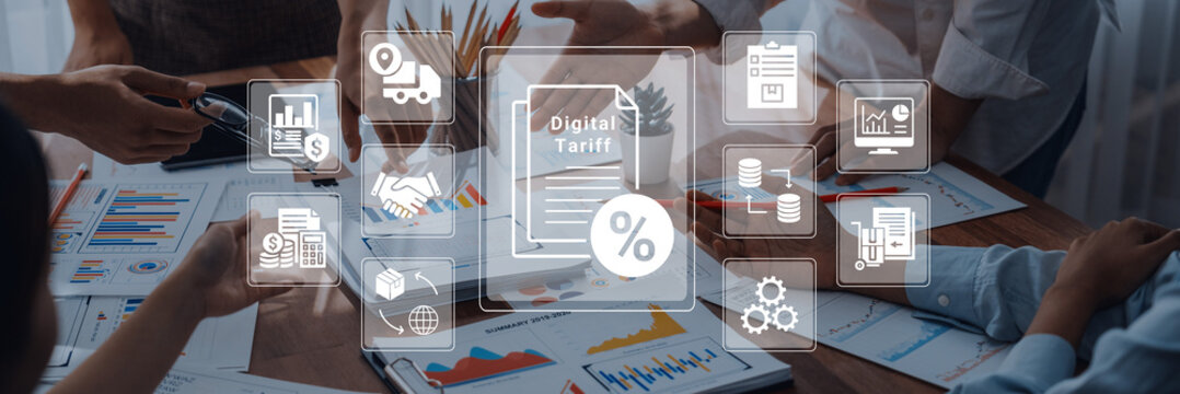 Collaborative Business Meeting Discussing Digital Tariff Implementation with Innovative Graphs and Charts on the Table for Future Growth Strategies. Glyphic.