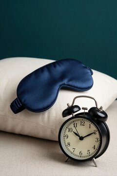 Dark blue eye mask and black alarm clock on pillow. Ready for night time rest or sleep. Bedtime accessories for quiet slumber and relaxation. Morning alarm reminder for wake up.