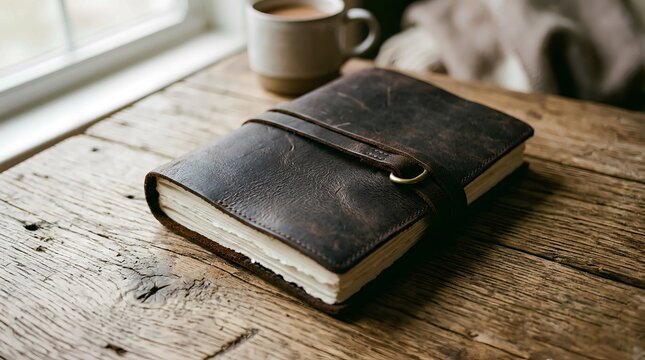 Vintage Dark Brown Leather Journal with Wrap-Around Strap and Metal Ring Closure Resting on a Rustic Textured Wooden Table with a Warm Mug of Coffee and Soft Natural Window Light Atmosphere
