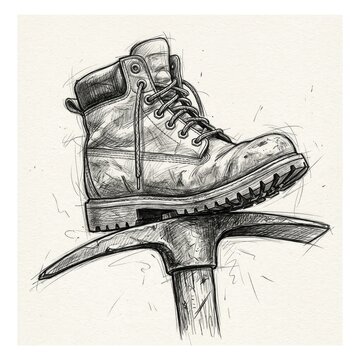 Hand drawn sketch of a leather work boot resting on a pickaxe head for mining and labor themes
