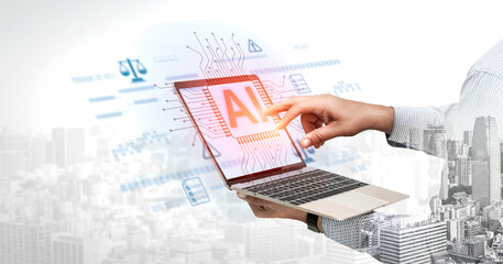 AI circuit microchip with glowing blue lines, surrounded by legal scales, warning symbols, data...