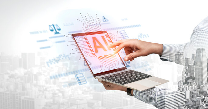 AI circuit microchip with glowing blue lines, surrounded by legal scales, warning symbols, data sheets, and binary codes, representing ethical AI, AI governance, and data integrity Vouch