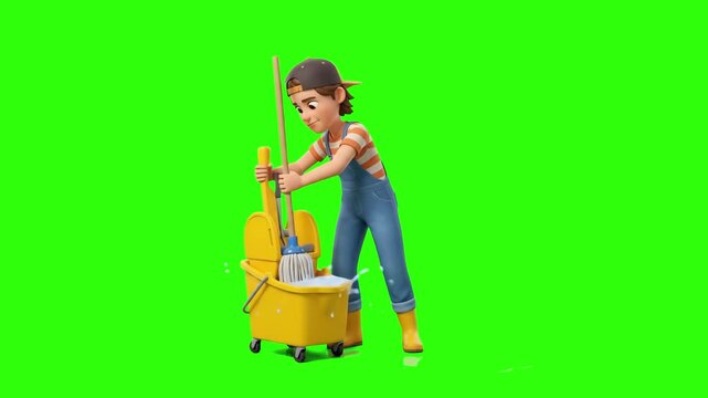 A focused 3D cartoon janitor in denim overalls and a backwards cap leaning over a yellow mop bucket to wring out a floor mop, isolated on a solid green chroma key background. Perfect for cleaning serv