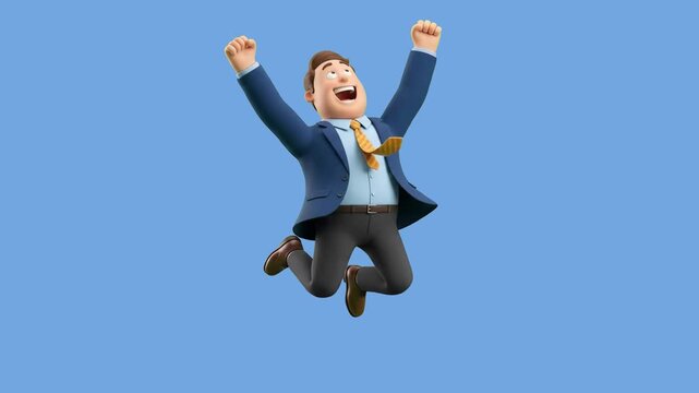 A happy 3D cartoon businessman in a blue suit leaping with arms raised in victory, set against a solid blue studio backdrop. Perfect for corporate achievement videos, financial milestone celebrations,