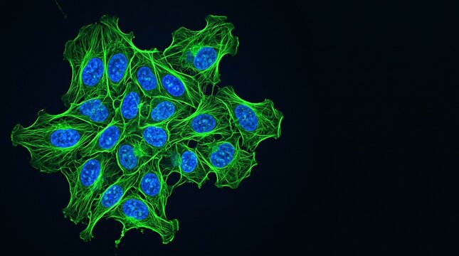 Confocal microscopy image of human cancer cells showing blue nuclei and green actin cytoskeleton