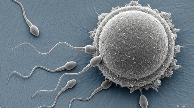 Scanning electron micrograph of human sperm cells approaching an egg cell, illustrating fertilization process
