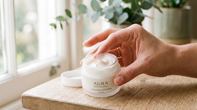 Hand applying Aura Botanicals hydrating face cream from glass jar on wooden table