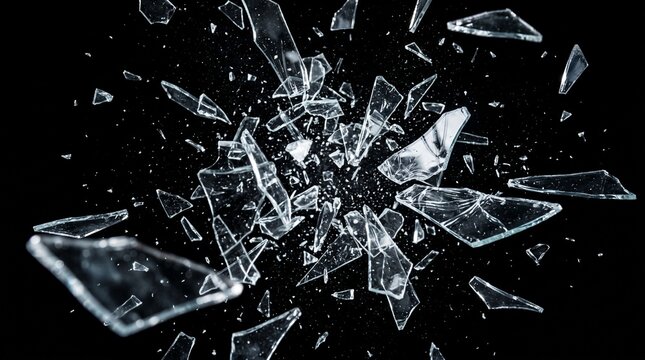 Shattered Glass Fragments Exploding Against Black Background