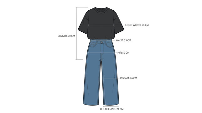 Clothing Size Chart Technical Flat Sketch for Apparel Design