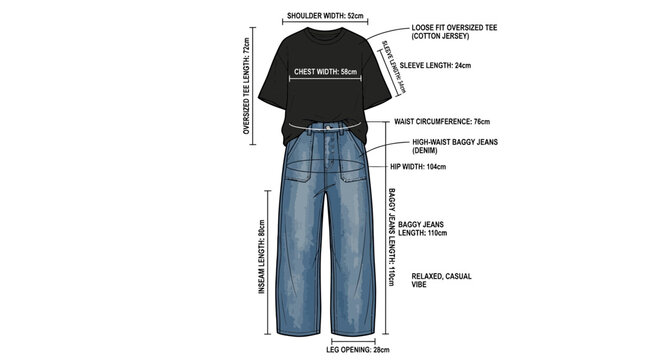 Fashion clothing measurement chart with t-shirt and baggy jeans