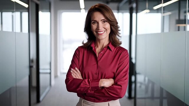 Confident businesswoman with arms crossed standing in a modern corporate office hallway.