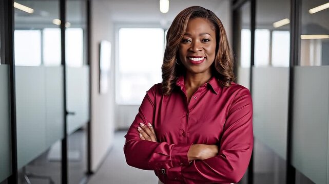 Confident African American businesswoman standing with arms crossed in modern office hallway