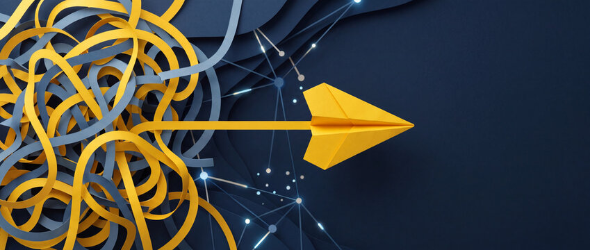 Yellow paper plane flying out of tangled paper strips into organized network, representing business strategy, problem solving, and finding clarity within complex chaotic environments.