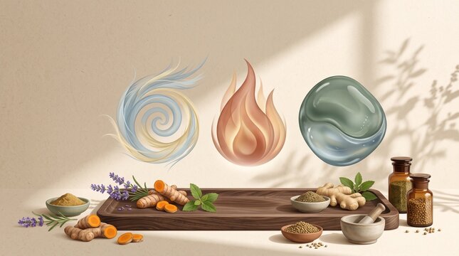 Minimalist Ayurveda Dosha Elements With Herbal Medicine Ingredients Still Life