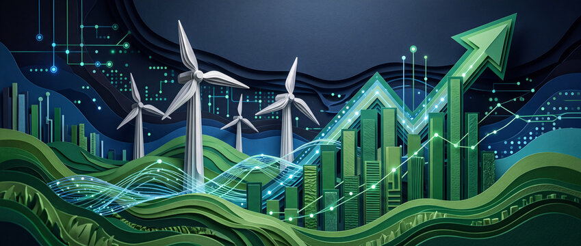 Sustainable investment concept with 3D paper cut wind turbines and rising financial charts representing green energy growth and ESG technology in a digital ecosystem.