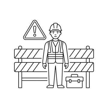 Construction Worker Line Art Icon with Safety Barrier