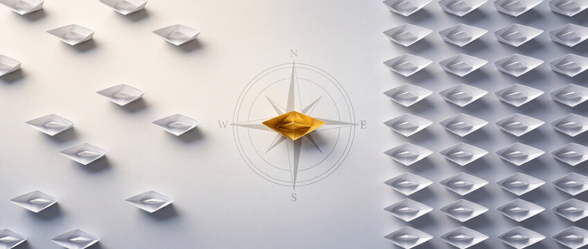 Top view of unique golden paper boat on compass rose guiding white boats, symbolizing leadership, strategic vision, and business direction in a clean conceptual setting.