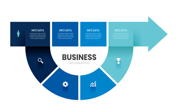 4 step Arrow diagram business infographic Semi circular chart template, presentation with icon elements vector illustration.