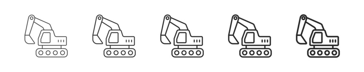 Naklejka premium Excavator vector icon in minimalist line style. Clean editable stroke illustration with geometric design and monochrome appearance, isolated on white background