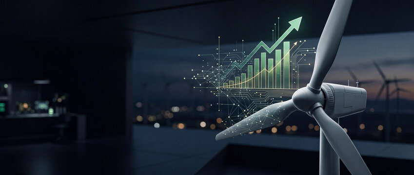 Wind turbine with digital financial growth graph and upward arrow at night, symbolizing profitable green energy investment, sustainable power technology, and modern renewable resource development.