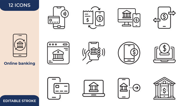 Online banking, digital, account, Modern and Premium Icon Set, Editable Stroke, Professional Line Icon Collection