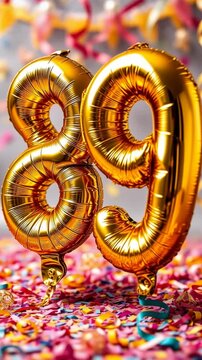 Birthday balloon number eighty nine, golden letter figure 89 celebration background AI Generative