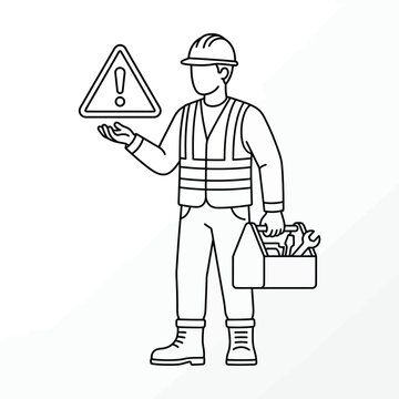 Construction Worker Holding Hazard Warning Sign and Toolbox Line Art Icon