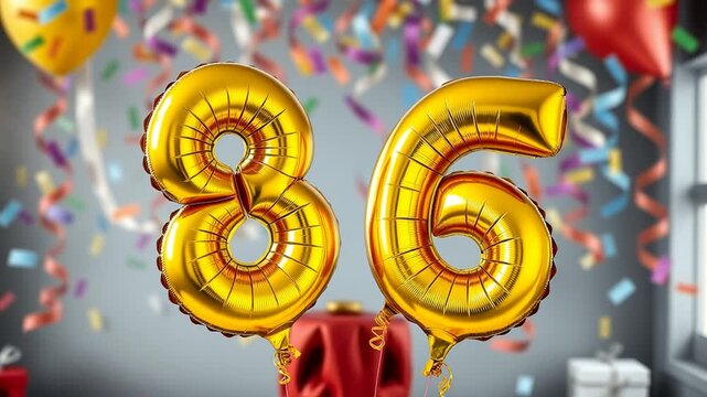 Birthday balloon number eighty six, golden letter figure 86 celebration background AI Generative