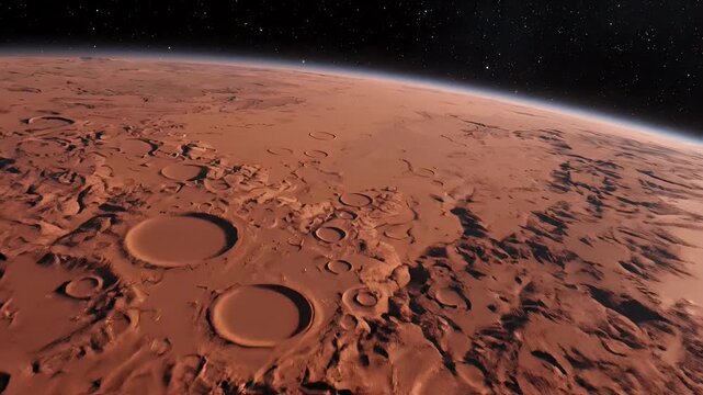 Aerial view of Mars planet surface with polar ice cap and craters in deep space